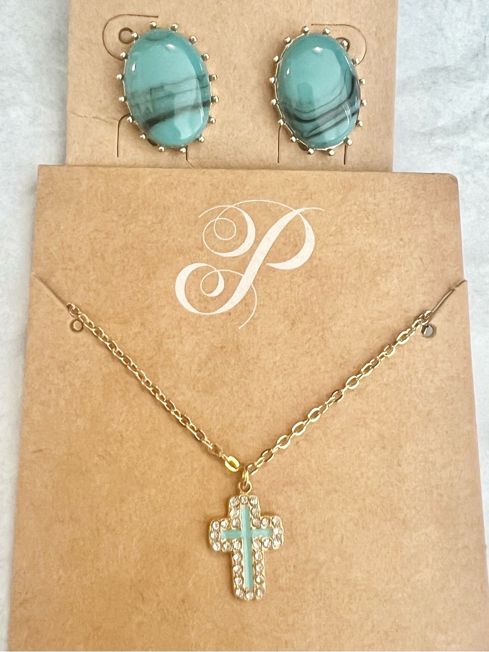 Pendent Cross Necklace and Oval Earrings Set in Aqua with Gold Accents NWT